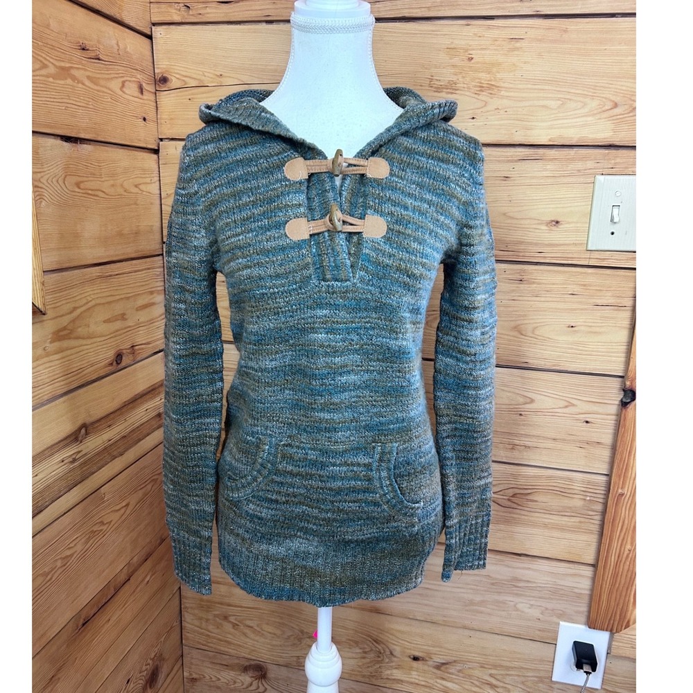 Suzy Shier Blue Green Space Dye‎ Hooded Toggle Sweater Large